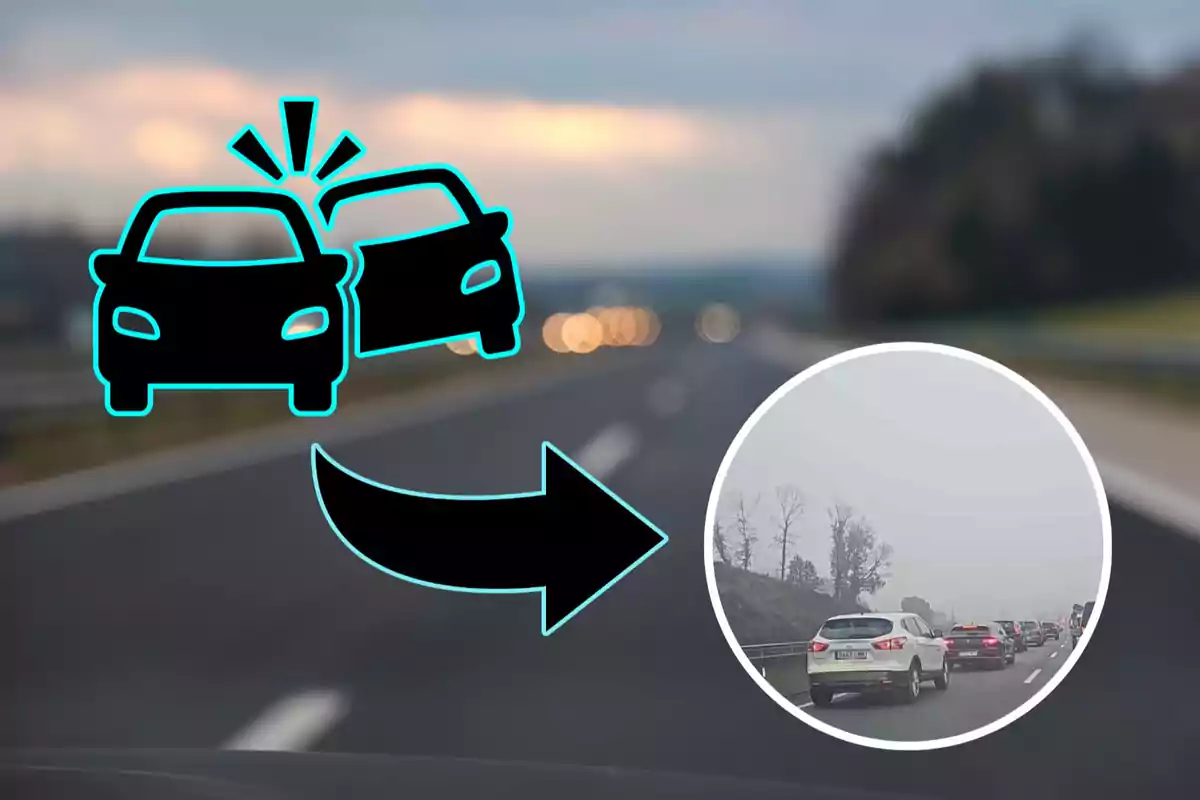 Ilustración de un accidente de tráfico con dos coches chocando y una flecha que apunta a una imagen circular de una carretera con tráfico denso.