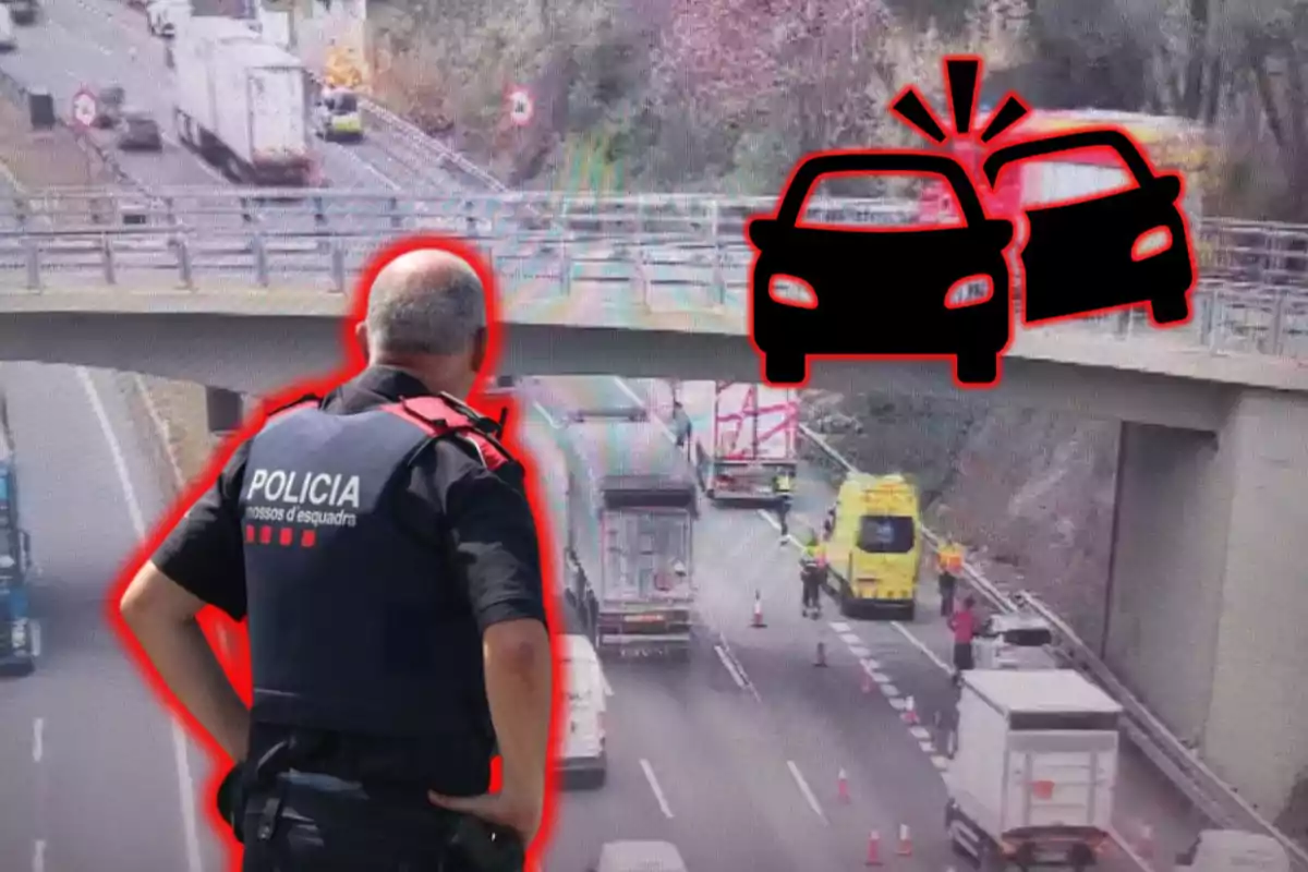 Un agent de policia observa una carretera on ha tingut lloc un accident de trànsit, amb vehicles i una ambulància presents a l'escena.