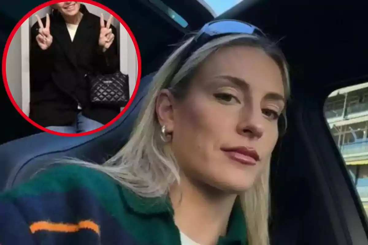 Una persona rubia en un coche con una imagen insertada de otra persona haciendo el signo de paz con las manos.