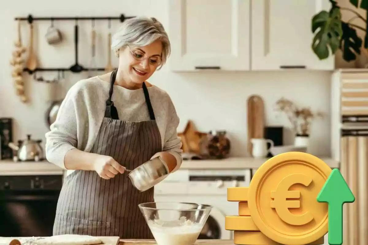 Una persona con delantal cocinando en una cocina moderna con un símbolo de euro y una flecha verde apuntando hacia arriba en primer plano.