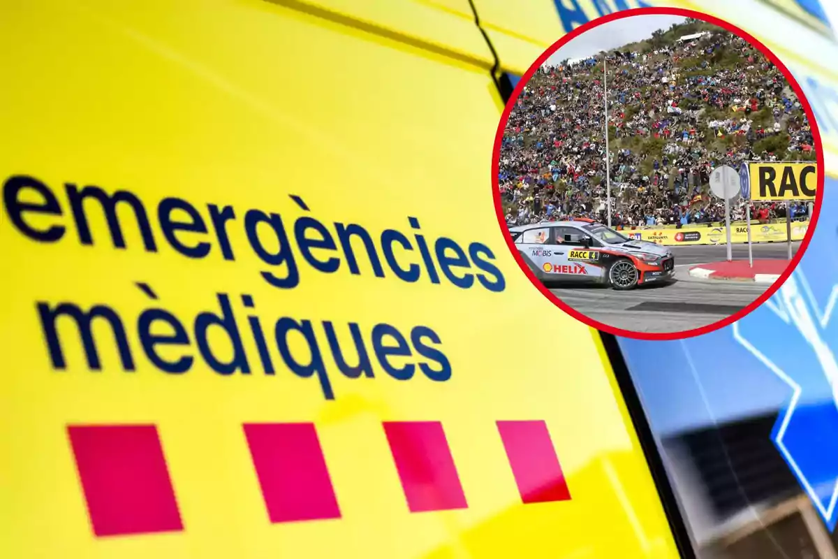 Ambulància d'emergències mèdiques amb un requadre que mostra un cotxe de carreres a una pista envoltada d'espectadors.