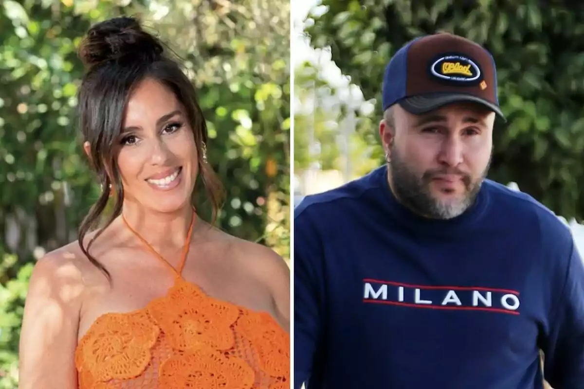 Anabel Pantoja y Kiko Rivera posando al aire libre, una mujer con un vestido naranja y un hombre con una gorra y camiseta azul. Anabel Pantoja y Kiko Rivera posando al aire libre, una mujer con un vestido naranja y un hombre con una gorra y camiseta azul.