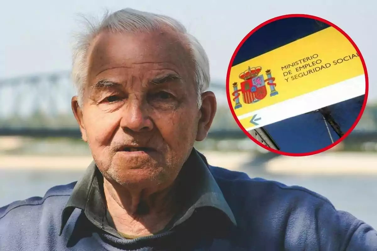 Un home gran amb cabell canós i expressió seriosa, amb un requadre que mostra un cartell del Ministeri d?Ocupació i Seguretat Social d?Espanya. Un home gran amb cabell canós i expressió seriosa, amb un requadre que mostra un cartell del Ministeri d?Ocupació i Seguretat Social d?Espanya.
