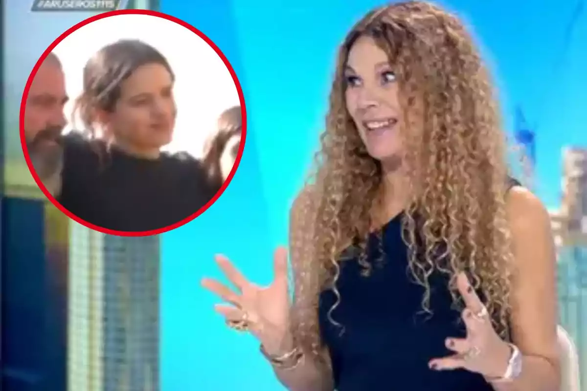 Una mujer con cabello rizado está hablando en un programa de televisión mientras se muestra una imagen circular de otra persona en la esquina superior izquierda.