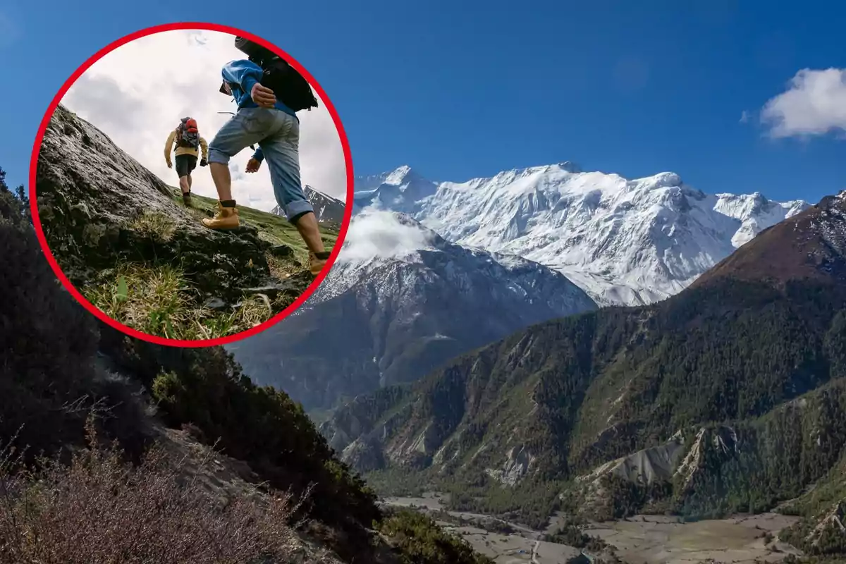 Dues persones escalant una muntanya amb un paisatge de muntanyes nevades al fons.