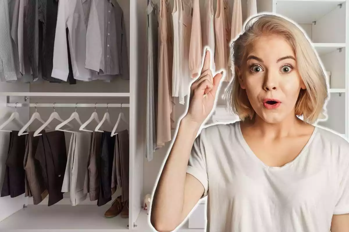 Montage with a closet with clothes hanging in the background and a woman looking like she had an idea Montage with a closet with clothes hanging in the background and a woman looking like she had an idea