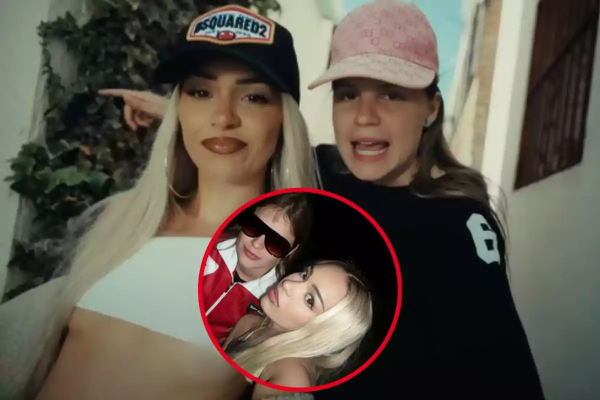 Dos mujeres posando con gorras, una de ellas señalando hacia un lado, con una imagen circular superpuesta de ambas en un entorno nocturno.