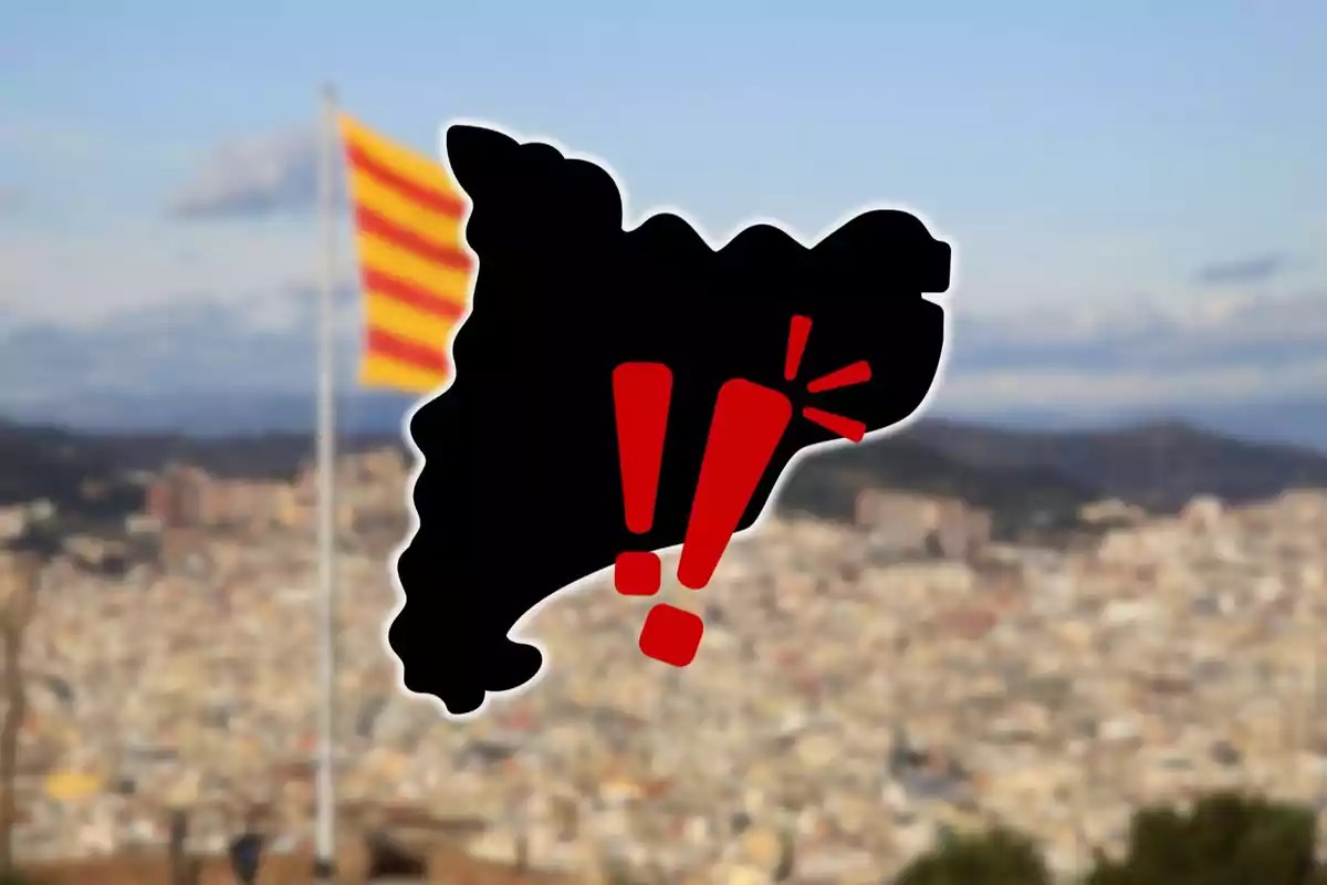 Mapa negre amb signes d´exclamació vermells sobre un fons borrós d´una ciutat i una bandera catalana.