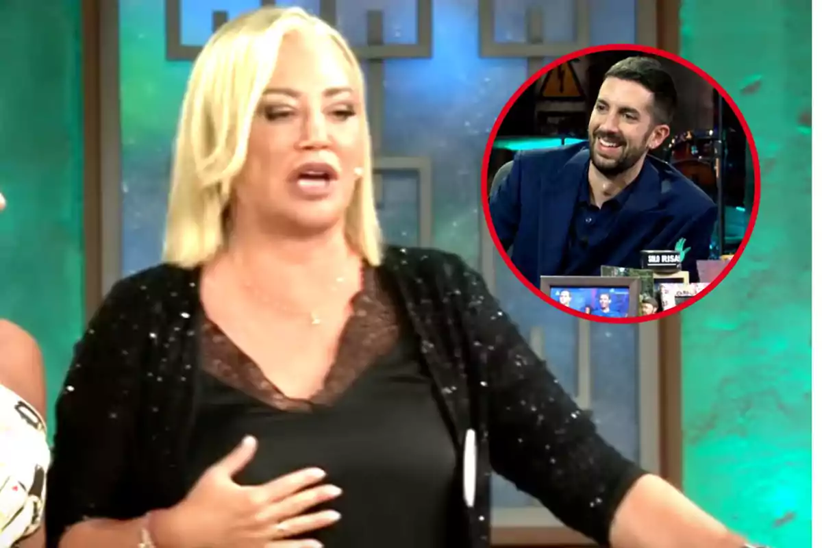 Una mujer rubia hablando en un programa de televisión con un hombre sonriendo en un recuadro circular en la esquina superior derecha.