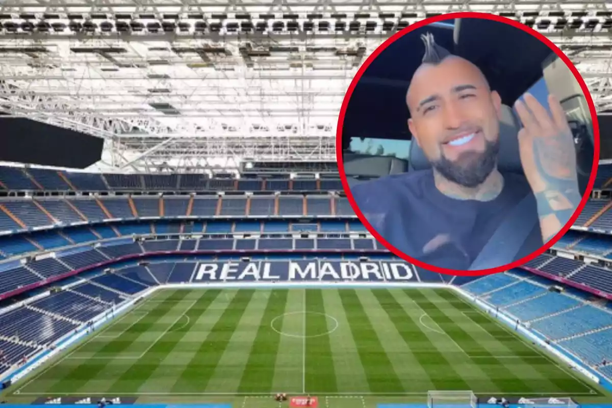 Un estadio de fútbol con el nombre "Real Madrid" en las gradas y un círculo rojo con la imagen de una persona sonriendo.