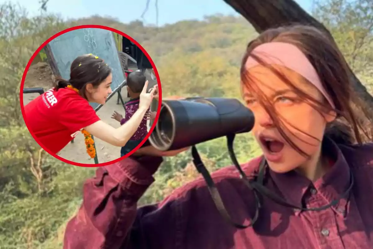 Una dona amb una cinta als cabells observa a través de binoculars en un entorn natural mentre en un requadre es mostra una altra dona interactuant amb nens davant d'un pissarra a l'aire lliure.