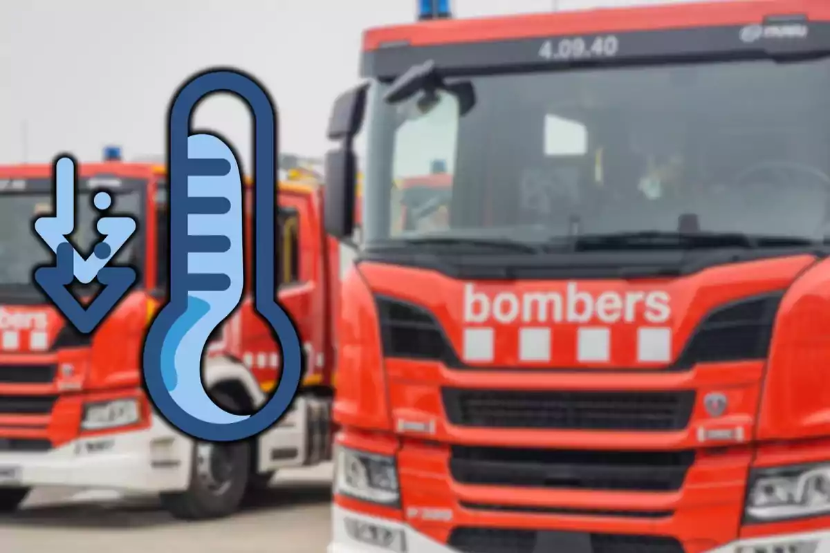 Camions de bombers vermells amb una icona de termòmetre i fletxa cap avall superposat.