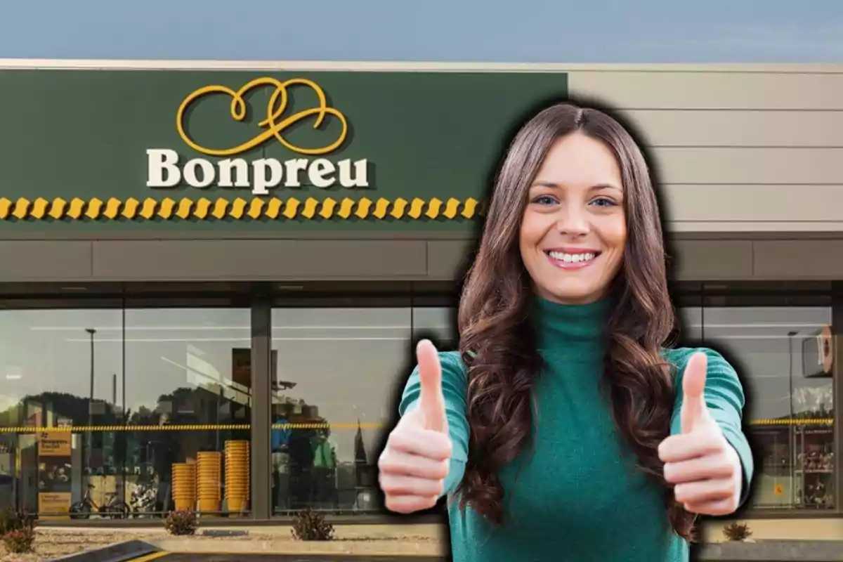 Una mujer sonriente con pulgares arriba frente a un supermercado Bonpreu.