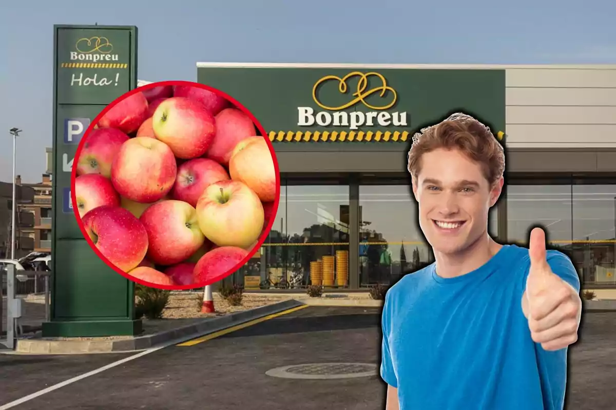 Un hombre sonriente con pulgar arriba frente a un supermercado Bonpreu y un círculo con manzanas rojas y amarillas.