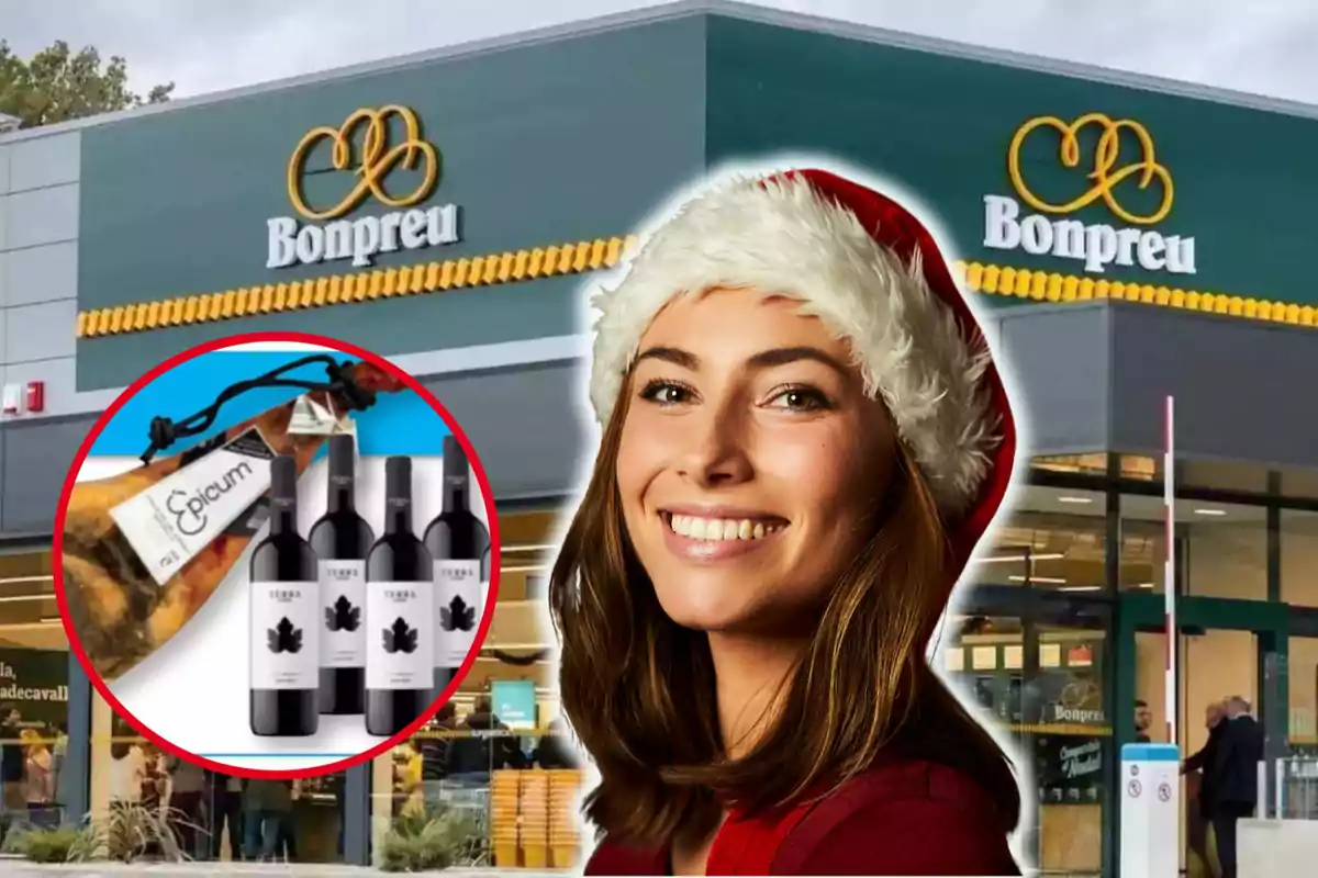 Una mujer sonriente con gorro navideño frente a una tienda Bonpreu con un círculo que muestra un jamón y botellas de vino.