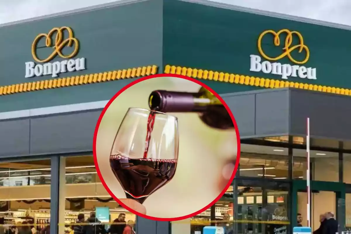 Fachada de un supermercado Bonpreu con una imagen superpuesta de vino tinto siendo servido en una copa.