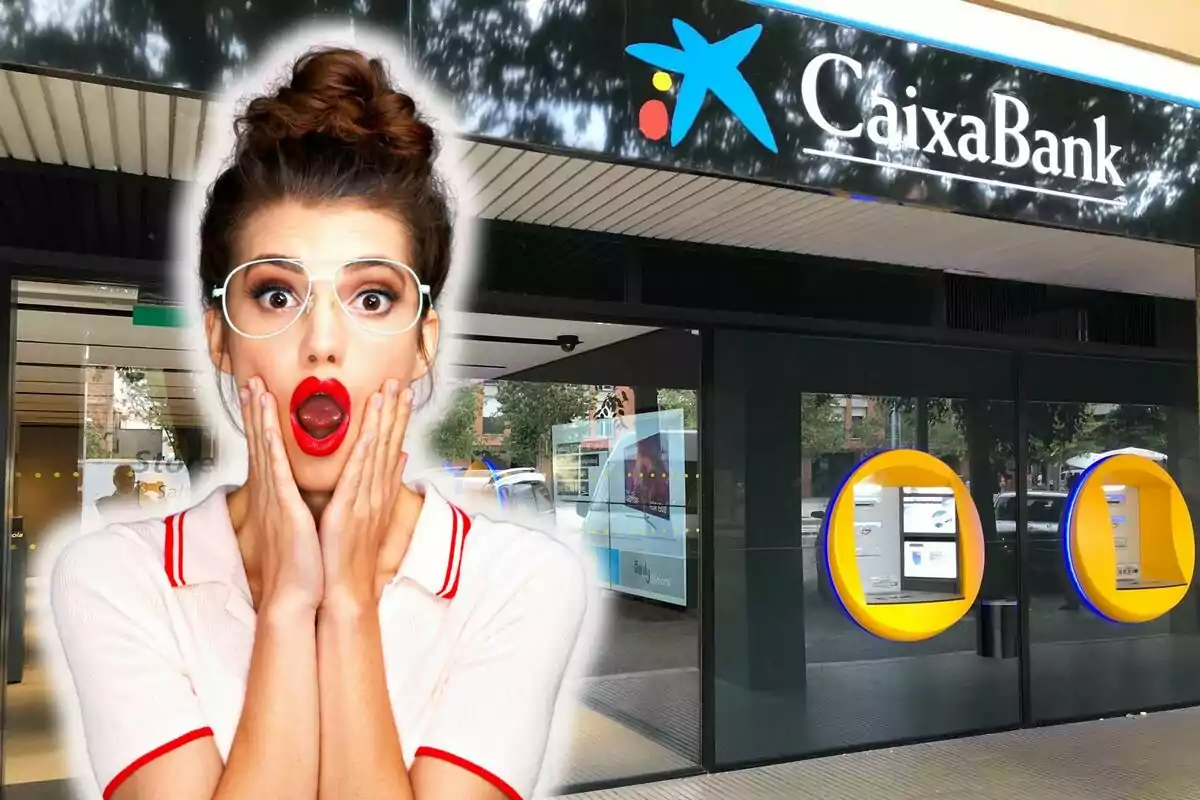 Una dona amb expressió de sorpresa davant d?una sucursal de CaixaBank.