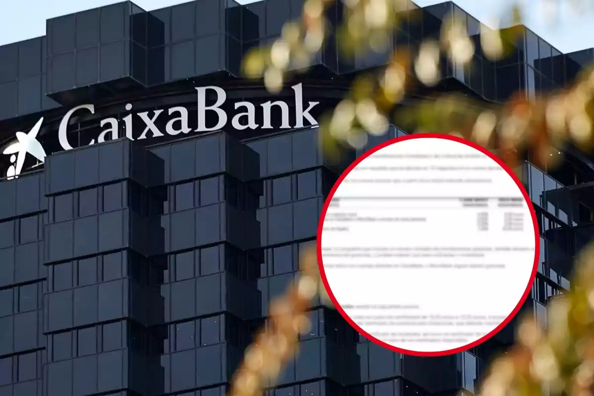 Edifici de CaixaBank amb un document ampliat en un cercle vermell en primer pla.