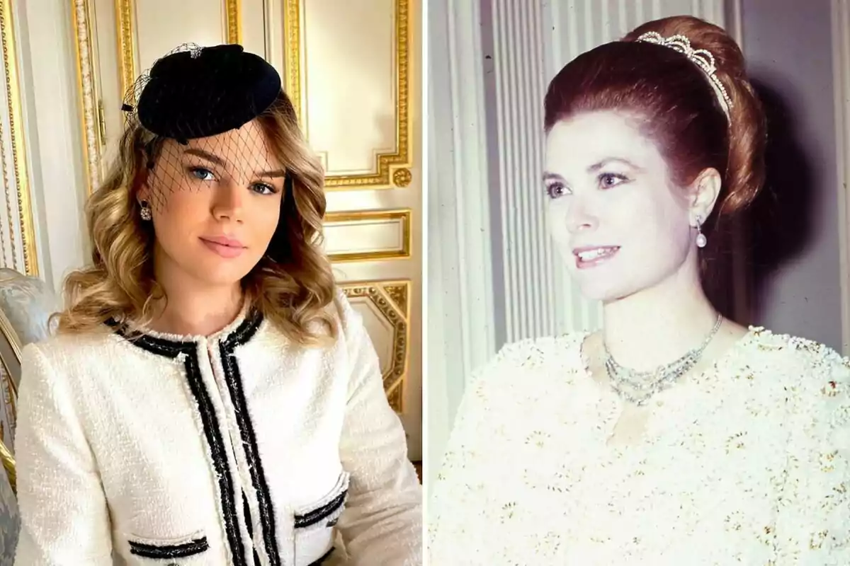 Camille Gottlieb i Grace Kelly posen elegantment; la de l'esquerra porta un barret negre amb vel i un vestit blanc amb detalls negres, mentre que la de la dreta llueix un pentinat recollit i un vestit clar amb joies. Camille Gottlieb i Grace Kelly posen elegantment; la de l'esquerra porta un barret negre amb vel i un vestit blanc amb detalls negres, mentre que la de la dreta llueix un pentinat recollit i un vestit clar amb joies.