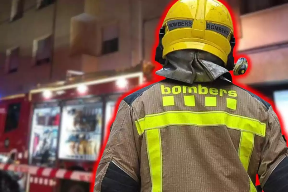 Bombero de espaldas con uniforme amarillo y camión de bomberos al fondo.