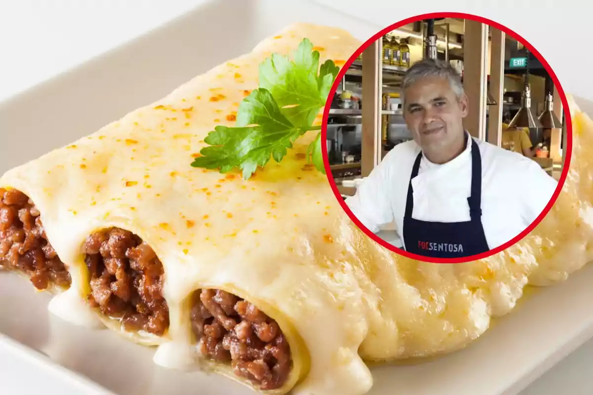 Plato de canelones rellenos de carne con salsa de queso y una imagen de un chef en un círculo rojo.