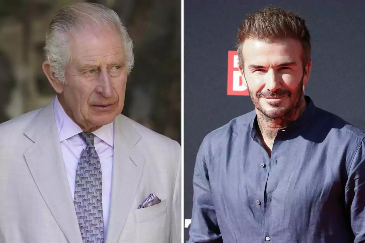 Carles III i David Beckham posen en imatges separades, un porta vestit clar i corbata, l’altre porta camisa blau fosc i té barba. Carles III i David Beckham posen en imatges separades, un porta vestit clar i corbata, l’altre porta camisa blau fosc i té barba.