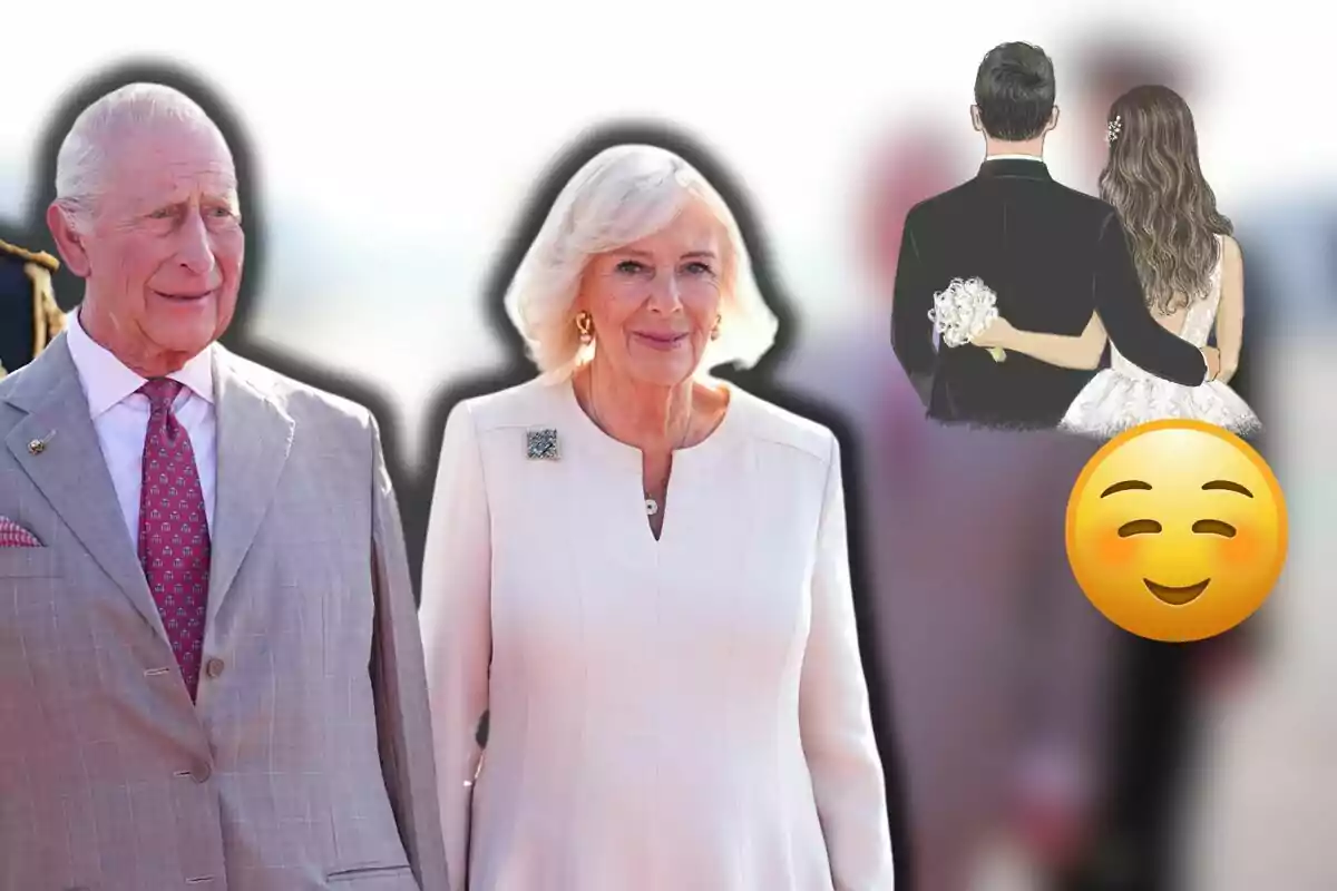 King Charles III and Queen Camilla, dressed elegantly, appear next to an illustration of a newlywed couple and a smiling emoji.