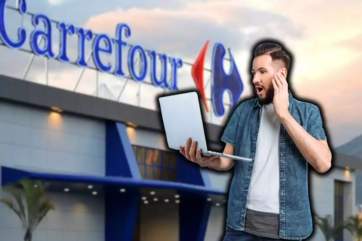 Un hombre sorprendido sostiene una laptop frente a un edificio con el logo de Carrefour.