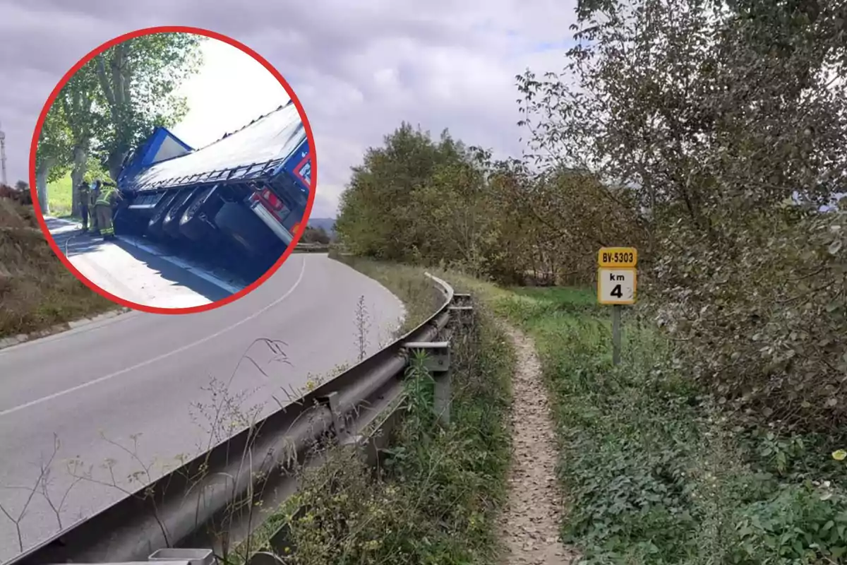 Un camió bolcat en una carretera amb un rètol que indica el quilòmetre 4 de la BV-5303.