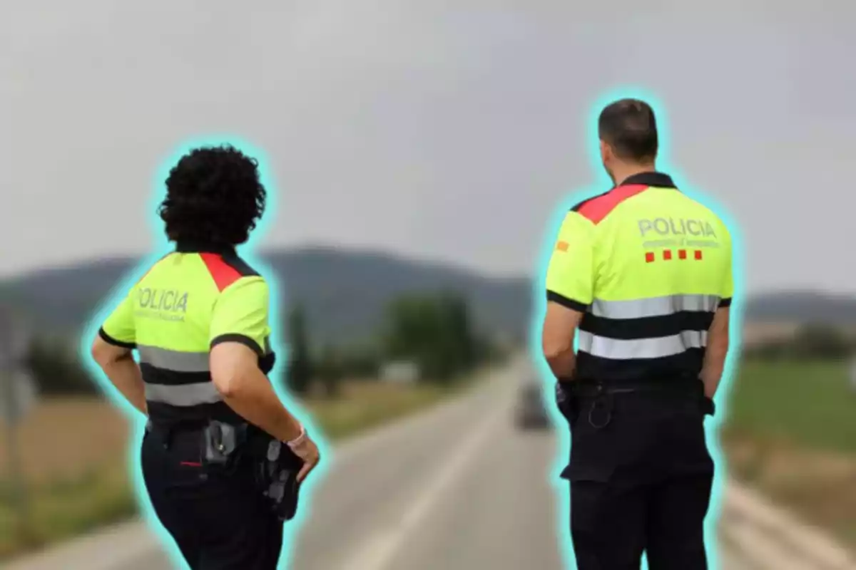 Dos agentes de policía de espaldas en una carretera rural.