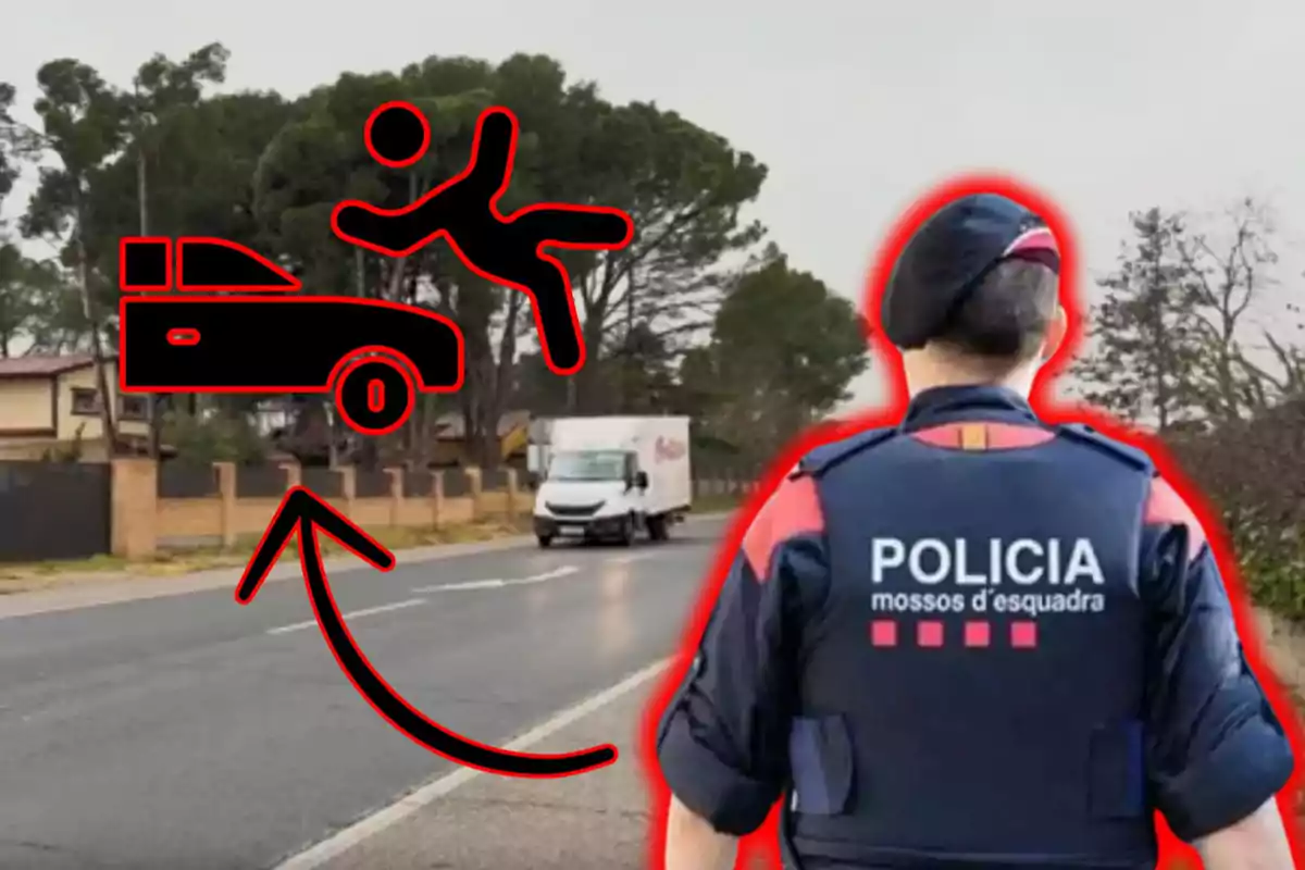 Un agente de policía de espaldas observa una carretera con un camión en movimiento, mientras un gráfico rojo muestra un símbolo de atropello.