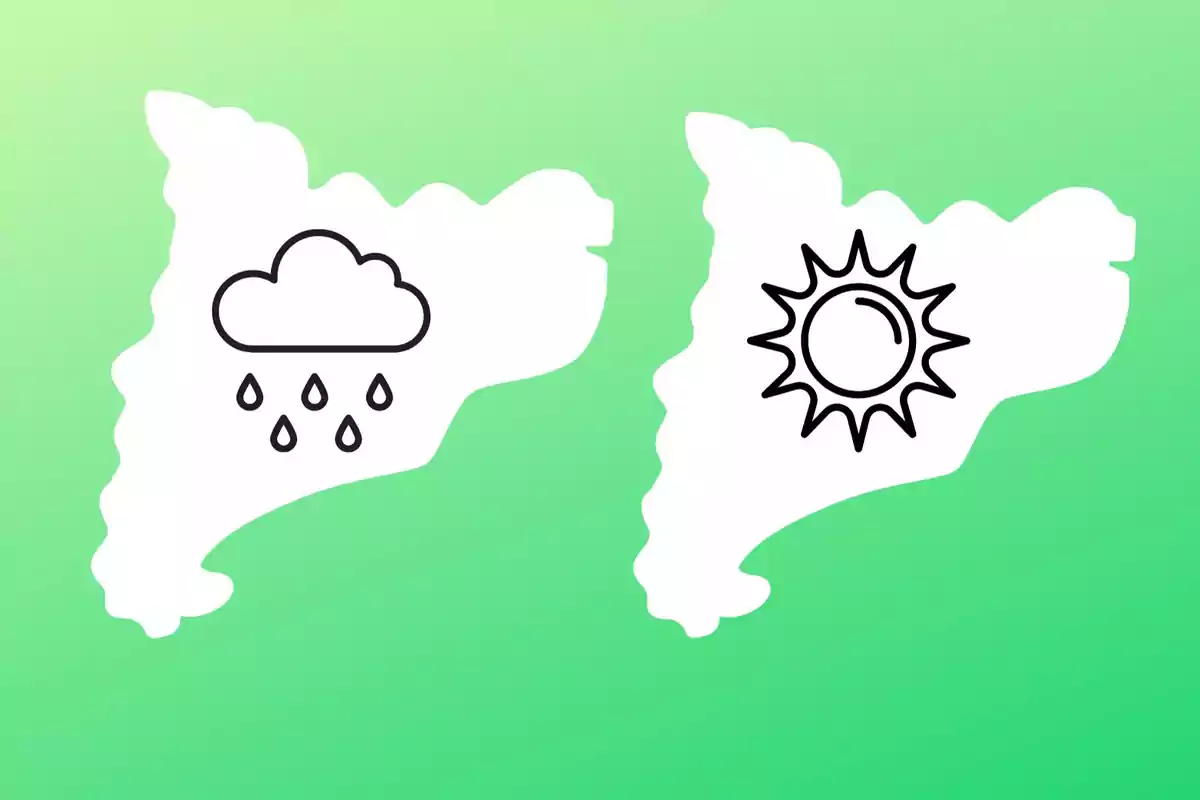 Mapa del tiempo con iconos de lluvia y sol sobre un fondo verde.