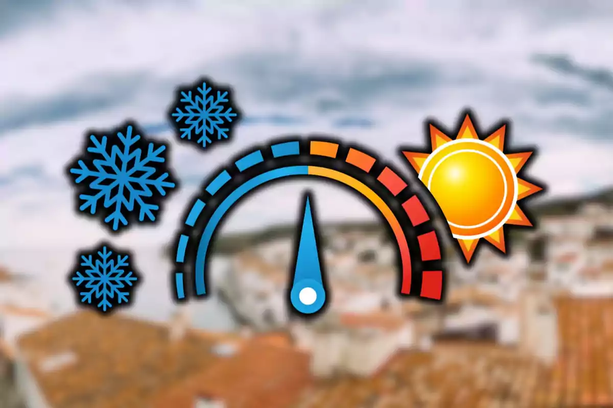 Ilustración de un medidor de temperatura con copos de nieve a la izquierda y un sol a la derecha sobre un fondo desenfocado de un paisaje urbano.