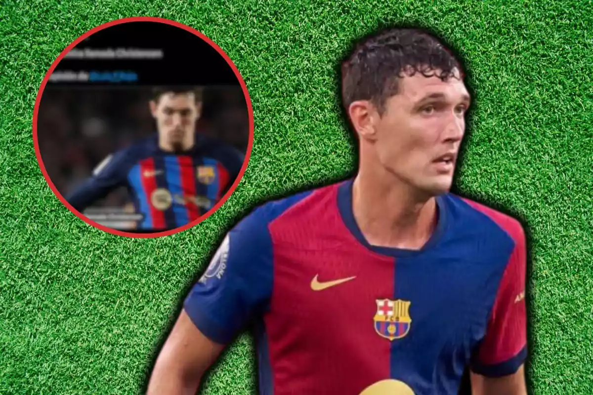 Jugador de fútbol con camiseta del FC Barcelona sobre fondo de césped verde.