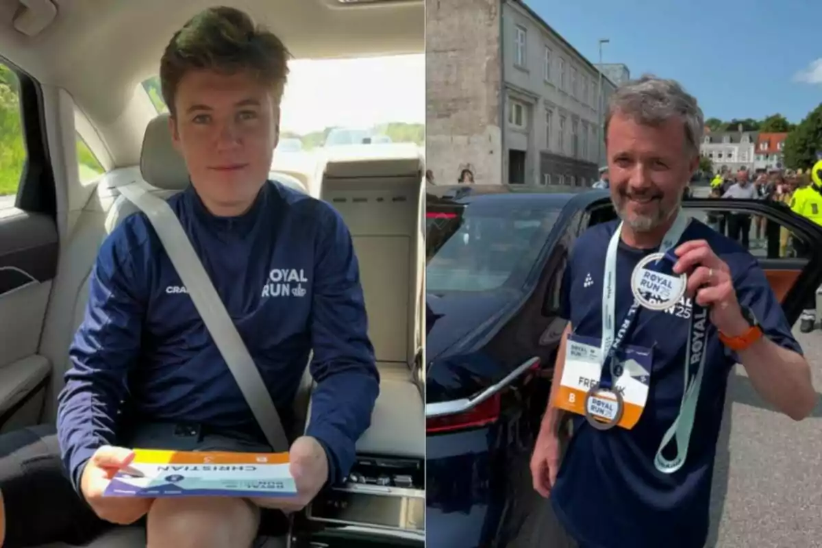 Two people wearing Royal Run t-jerseys, one sitting in a car holding a race bib and the other standing showing a medal in front of a car on the street Two people wearing Royal Run t-jerseys, one sitting in a car holding a race bib and the other standing showing a medal in front of a car on the street