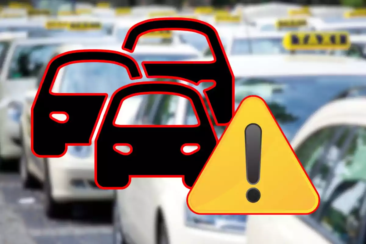 Ilustración de advertencia de tráfico con íconos de coches y un signo de exclamación sobre una fila de taxis.