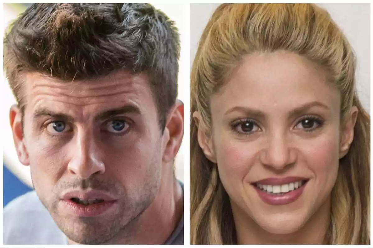 Muntatge de les cares de Gerard Piqué seriós i mirant a càmera, i Shakira somrient Muntatge de les cares de Gerard Piqué seriós i mirant a càmera, i Shakira somrient