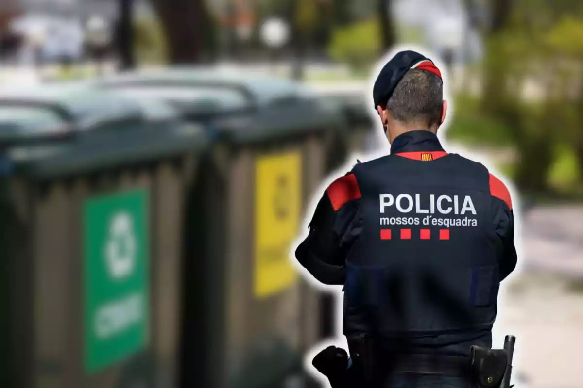 Un agente de policía de espaldas con uniforme de los Mossos d'Esquadra frente a contenedores de reciclaje.