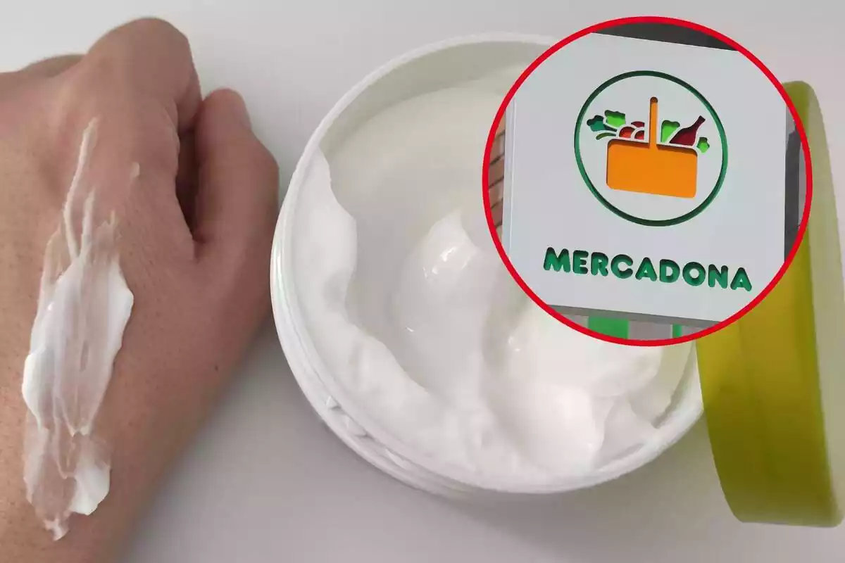 Montaje con el bote de crema de la marca Deliplus, una mano con el mismo producto y un círculo con el logo de Mercadona Montaje con el bote de crema de la marca Deliplus, una mano con el mismo producto y un círculo con el logo de Mercadona
