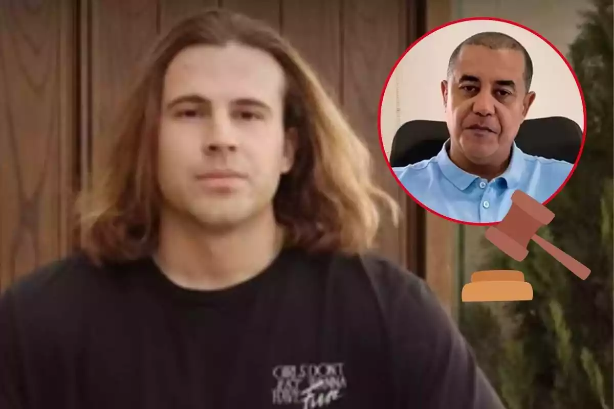 Muntatge de Daniel Sancho seriós amb samarreta negra, Edwin Arrieta seriós amb un pol blau i un mall de jutge