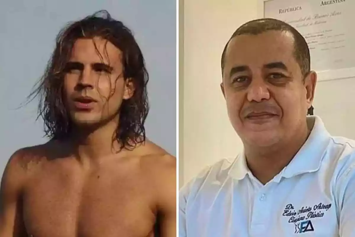 Muntatge de Daniel Sancho seriós sense samarreta i Edwin Arrieta somrient amb un pol blanc Muntatge de Daniel Sancho seriós sense samarreta i Edwin Arrieta somrient amb un pol blanc