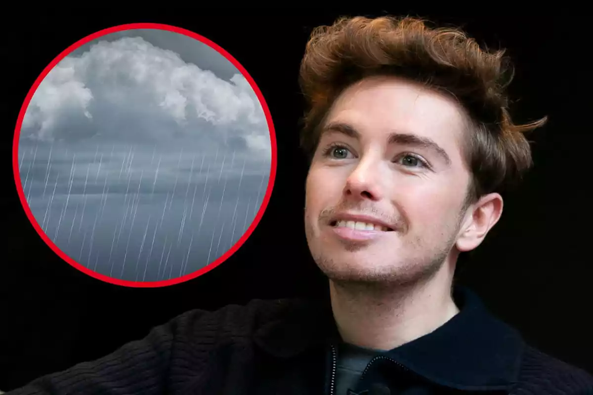 Un hombre sonriente con un círculo que muestra una nube de lluvia.