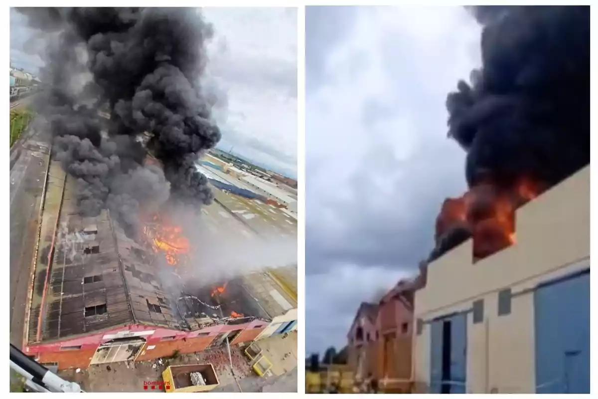 Un incendi de gran magnitud consumeix un edifici industrial i genera una densa columna de fum negre visible des de la distància.