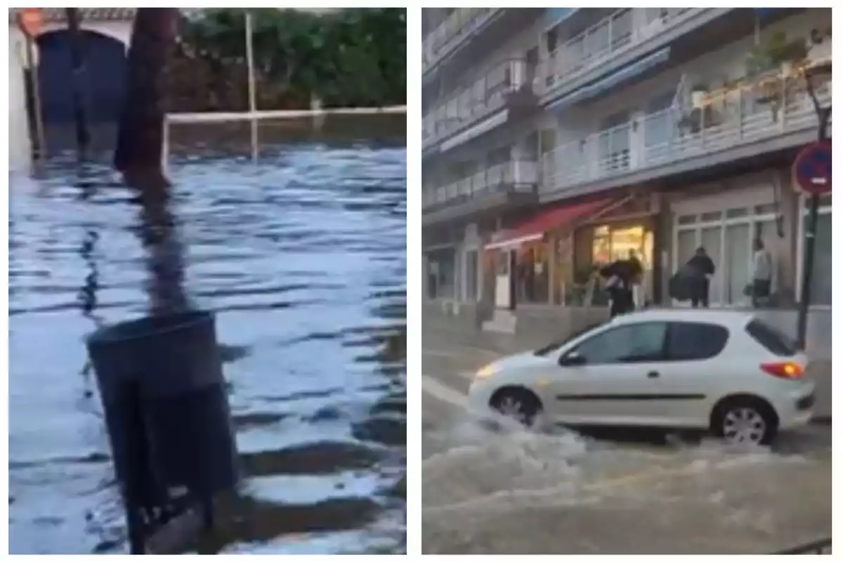 Un carrer inundat amb un contenidor d'escombraries parcialment submergit i un cotxe blanc travessant l'aigua davant d'un edifici d'apartaments.