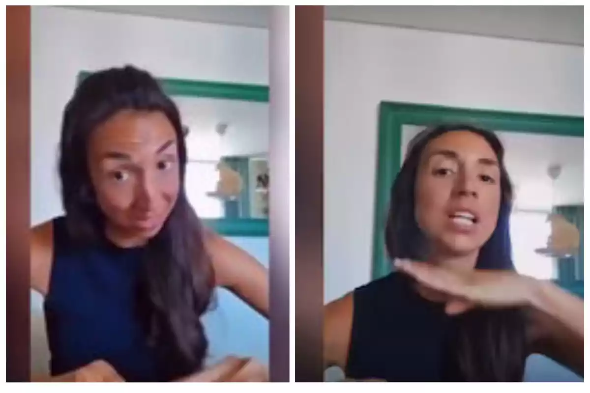 Dos imágenes de una mujer con cabello largo y oscuro, vistiendo una camiseta sin mangas negra, gesticulando con las manos frente a un espejo con marco verde.