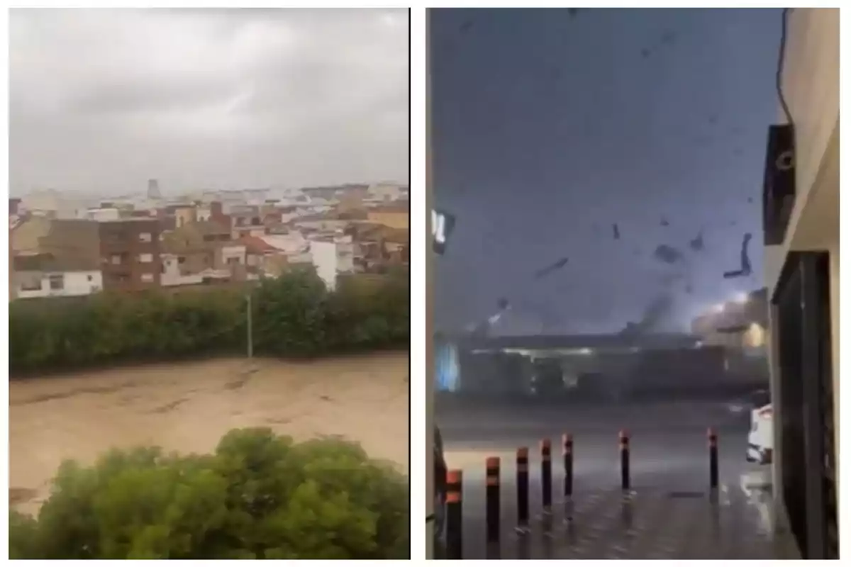 Dos imágenes muestran un paisaje urbano bajo un cielo nublado y una escena nocturna con fuertes vientos y objetos volando.