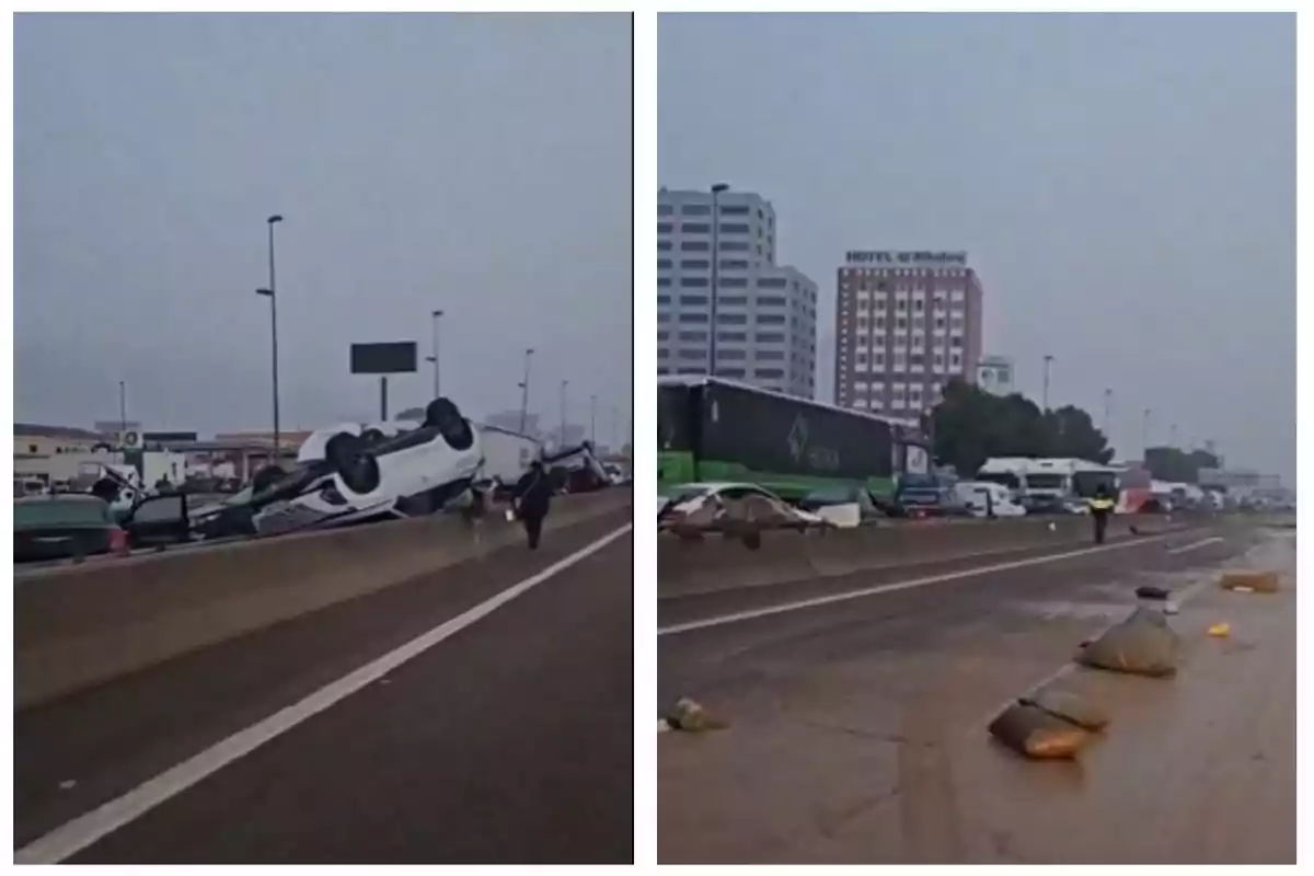 Carretera con varios vehículos volcados y tráfico detenido en un día nublado.