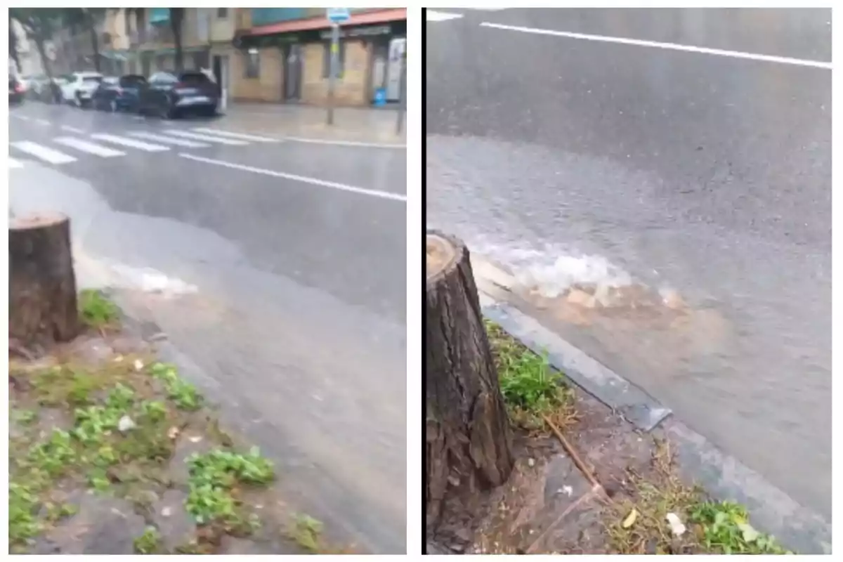 Dos imágenes muestran una calle inundada por la lluvia, con agua acumulada en la acera y un tronco de árbol cortado en primer plano.