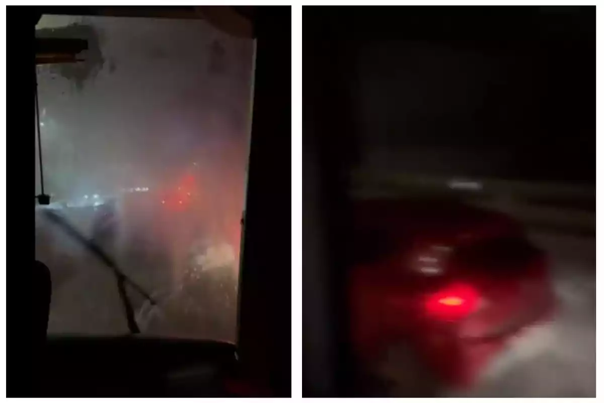 Una imagen dividida en dos partes muestra un parabrisas empañado con luces de vehículos al fondo a la izquierda y un coche rojo en movimiento a la derecha.