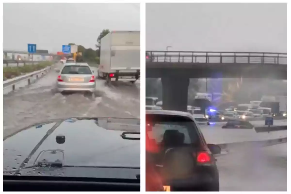 Coches circulando por una carretera inundada bajo un cielo nublado.